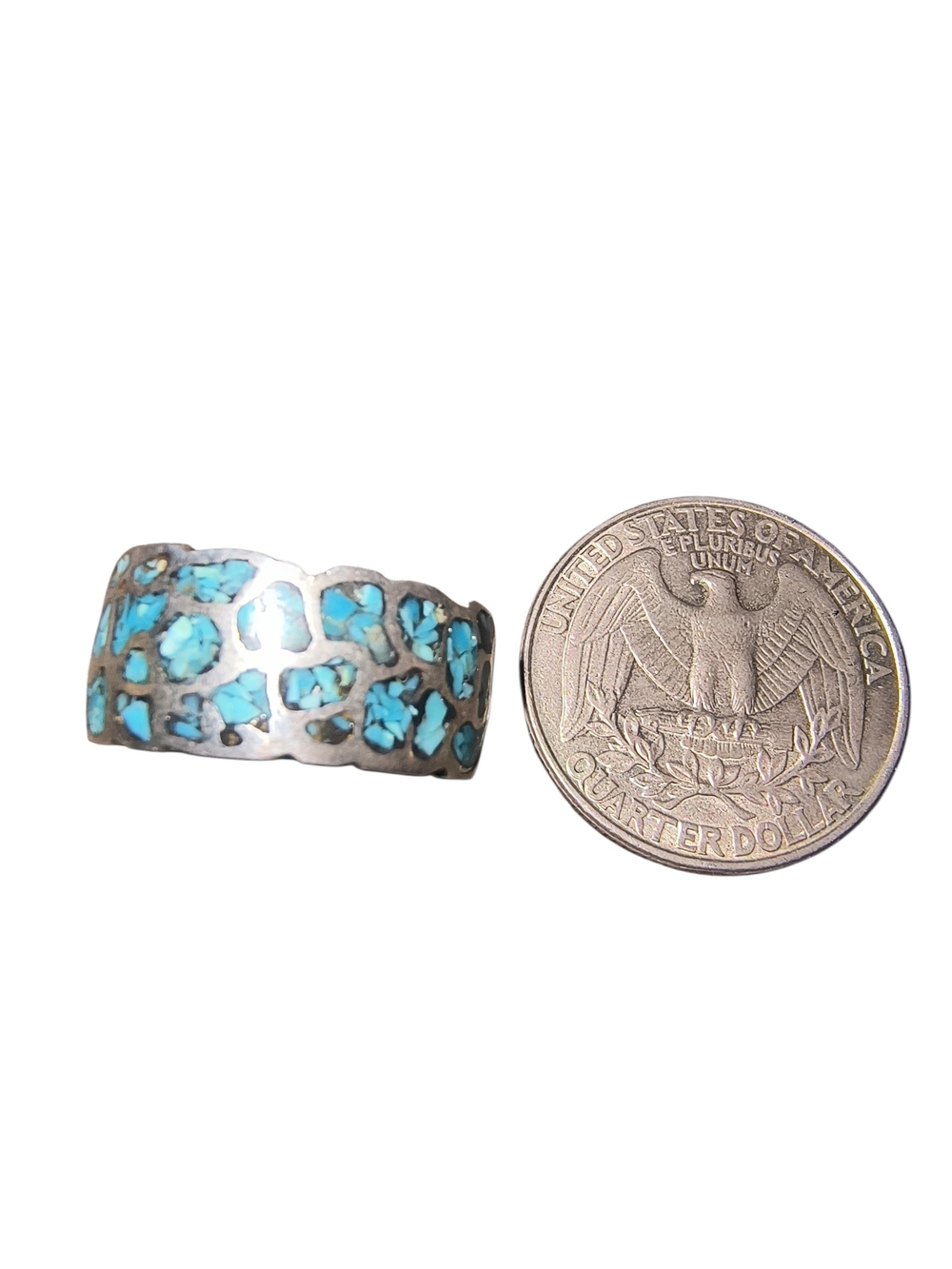 Turquoise Chip Inlay Sterling Silver Wide Band Ring - Picture 5 of 10